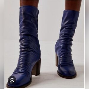 Free People Elle Block Heel Blue Leather Women's Boots